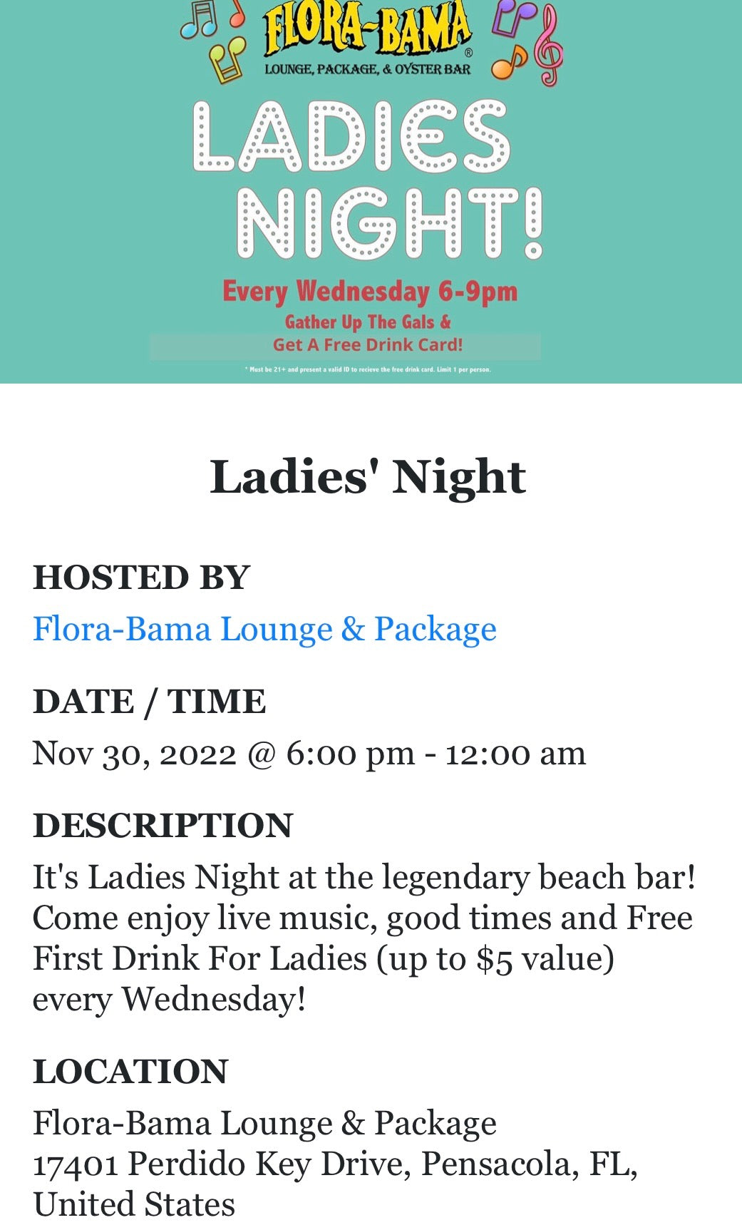 Party Bus Shuttle to Flora-Bama on  Nov 30 2023 for Ladies Night
